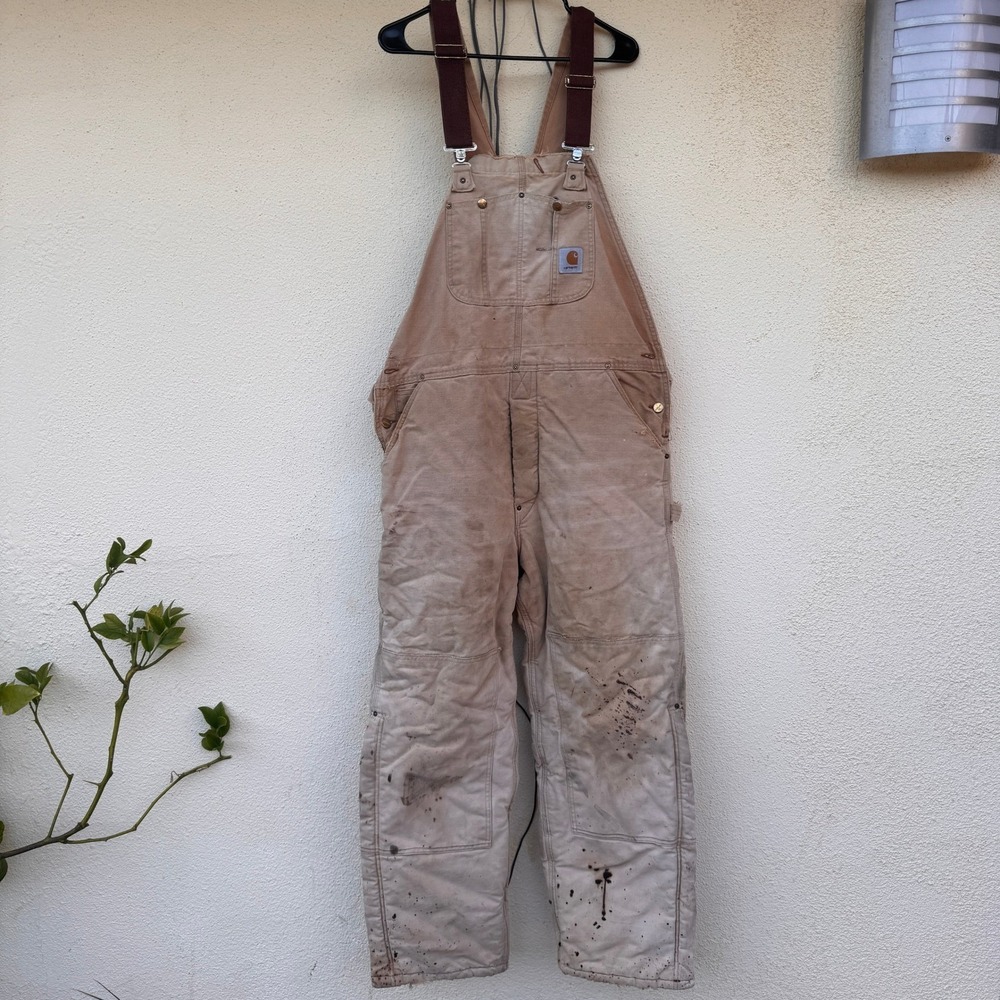 Carhartt Mens Distressed Quilt Lined Duck Bib Overalls Brown R02 BRN 40x29